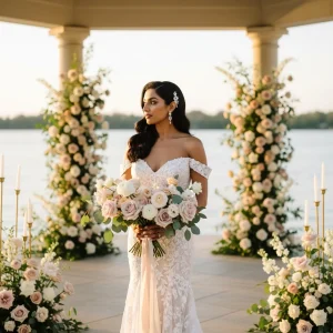 Bride holding a pastel bouquet between floral ceremony columns, showcasing coordinated wedding designer collections for simplified bulk flower ordering.