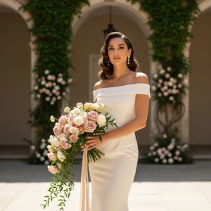 Bride in an off-the-shoulder ivory gown holding a blush and white bouquet beneath vine-covered arches in a romantic garden courtyard.