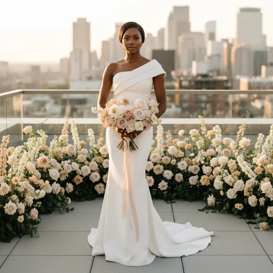 Bride holding a blush, ivory, and peach bouquet on a rooftop terrace with city skyline and romantic wedding flower arrangements.