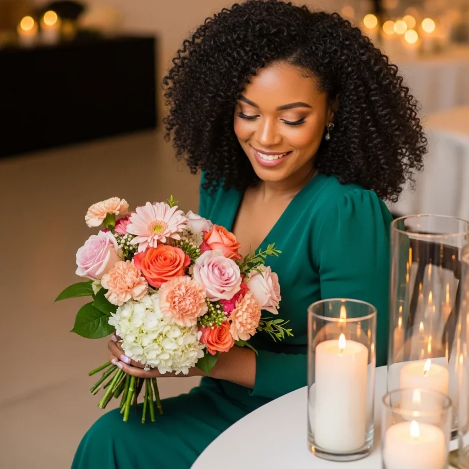 Woman in emerald green dress holding a blush and peach bouquet beside candles at an elegant birthday party with custom floral decor.