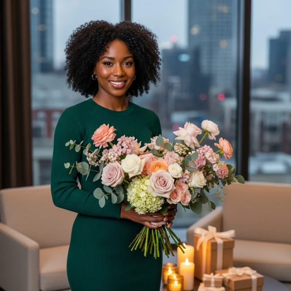 Elegant woman in emerald dress holding a pastel bouquet beside candles in a modern office setting for luxury corporate flower gifting.
