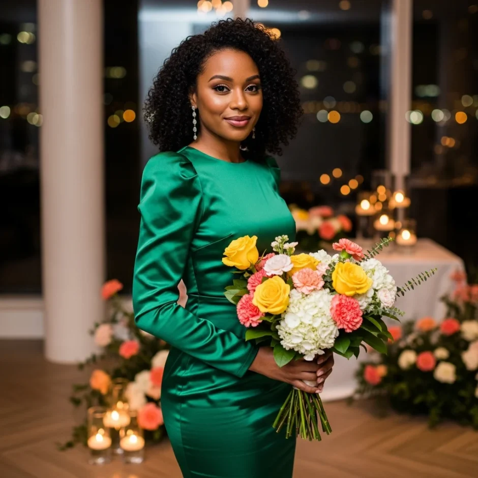 Woman in emerald green dress holding a colorful congratulatory bouquet beside candles at an elegant celebration event.