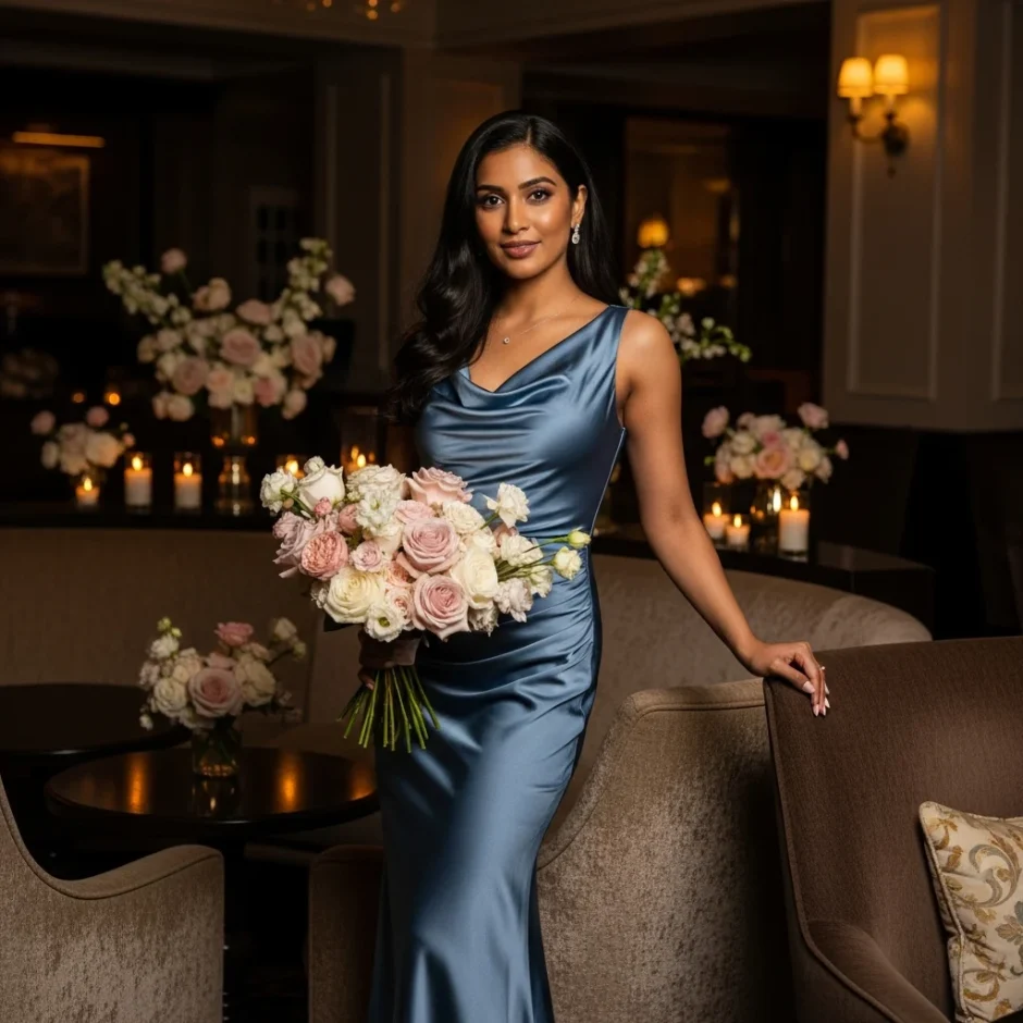 Elegant woman in a blue satin gown holding a blush and ivory bouquet in a candlelit lounge, styled for premium engagement flower gifts.