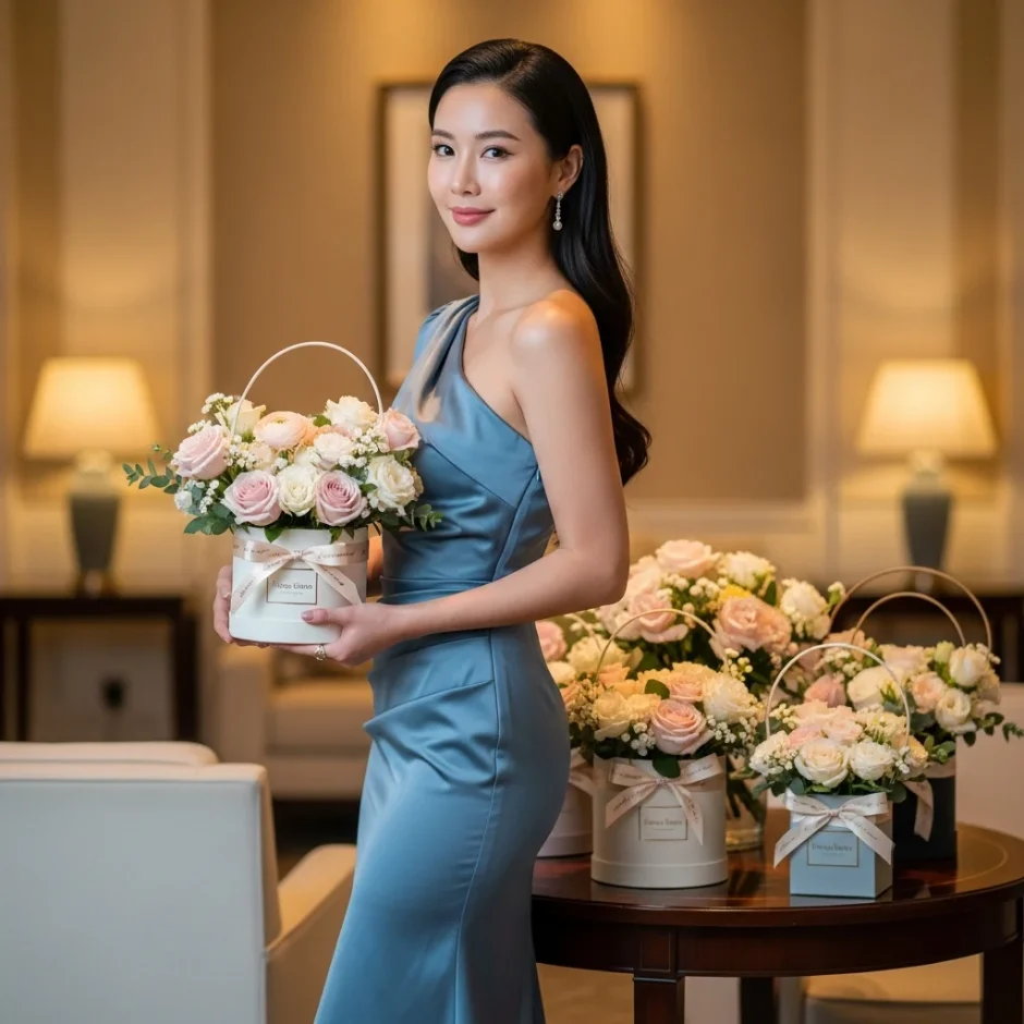 Woman in a blue satin gown holding a pastel bouquet beside elegant flower gift boxes in a softly lit event setting.