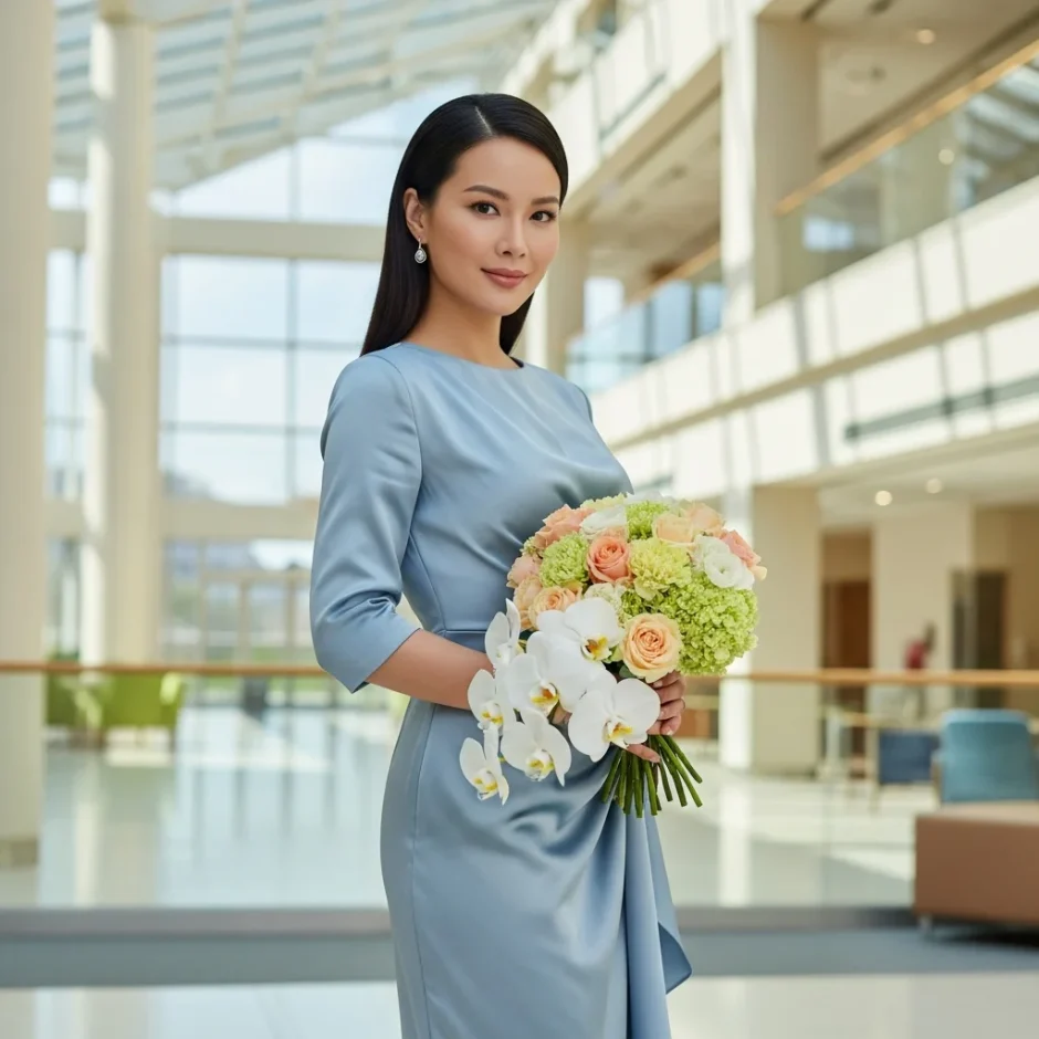 Woman in a powder blue satin dress holding a pastel bouquet in a bright hospital atrium with glass balconies and soft natural light.