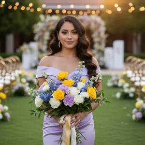 Elegant woman in lavender gown holding blue, yellow, and white graduation flowers at an outdoor school and family celebration.