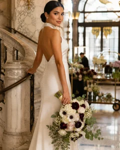 Bride in pearl-white dress holding white and burgundy anemone bouquet with roses, hydrangeas, baby’s breath, and eucalyptus by marble staircase.