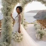 Black bride holding baby’s breath bouquet beside wedding arch with aisle flowers overlooking ocean ceremony setting.