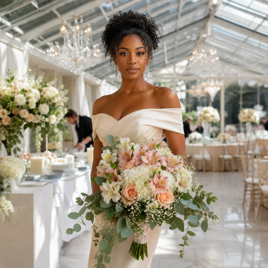 Black bride holding a blush and white alstroemeria bouquet with roses, hydrangeas, baby’s breath, and eucalyptus in a bright glass event venue.