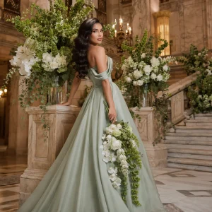Latina bride in pale sage gown holding cascading Bells of Ireland bouquet with white roses and orchids in grand marble event venue.