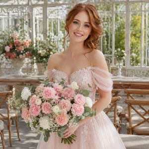 Fair-skinned auburn bride holding blush and white carnation bouquet in greenhouse wedding venue with soft romantic décor.