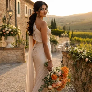 South Asian bride in champagne gown holding orange and ivory Asclepias bouquet at a sunlit vineyard wedding venue.