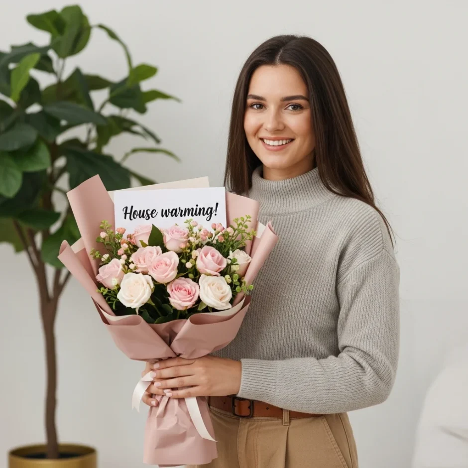 Smiling woman holding a pastel bouquet of roses and white blooms indoors beside a potted tree, styled as a housewarming flower gift.