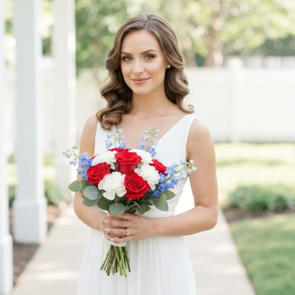 Elegant woman in white dress holding patriotic red, white, and blue flower bouquet outdoors.