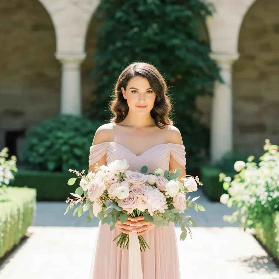 Romantic anniversary flowers in bulk for proposals with elegant woman holding a blush rose bouquet in a garden courtyard.