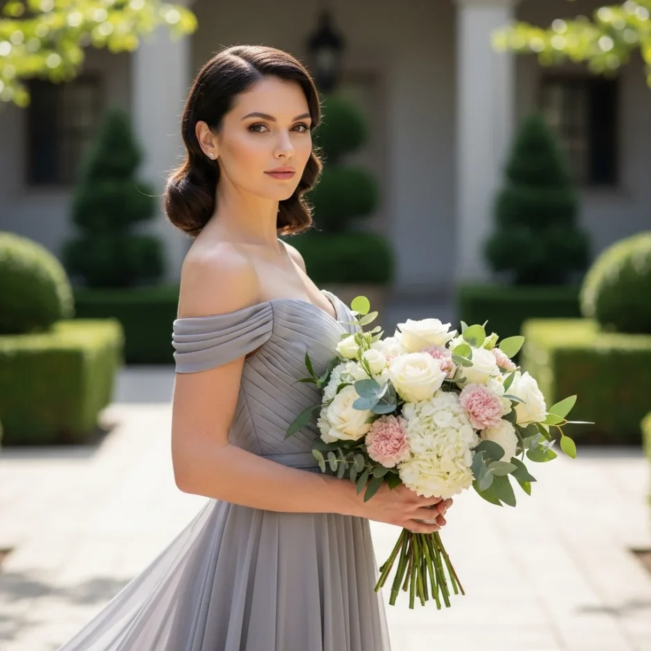 Elegant woman in a flowing gray gown holding a white and blush sympathy bouquet in a sunlit garden courtyard.