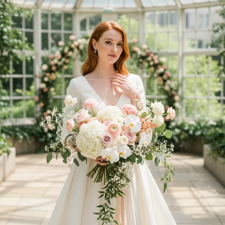 Bride holding bulk thank you flower bouquet with roses, hydrangeas, ranunculus, orchids, baby’s breath, and eucalyptus.