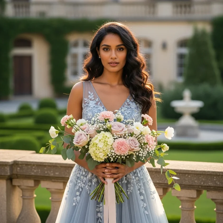 Beautiful woman in dusty blue dress holding thinking of you flower bouquet with roses, hydrangeas, carnations, baby’s breath, and eucalyptus in garden setting.