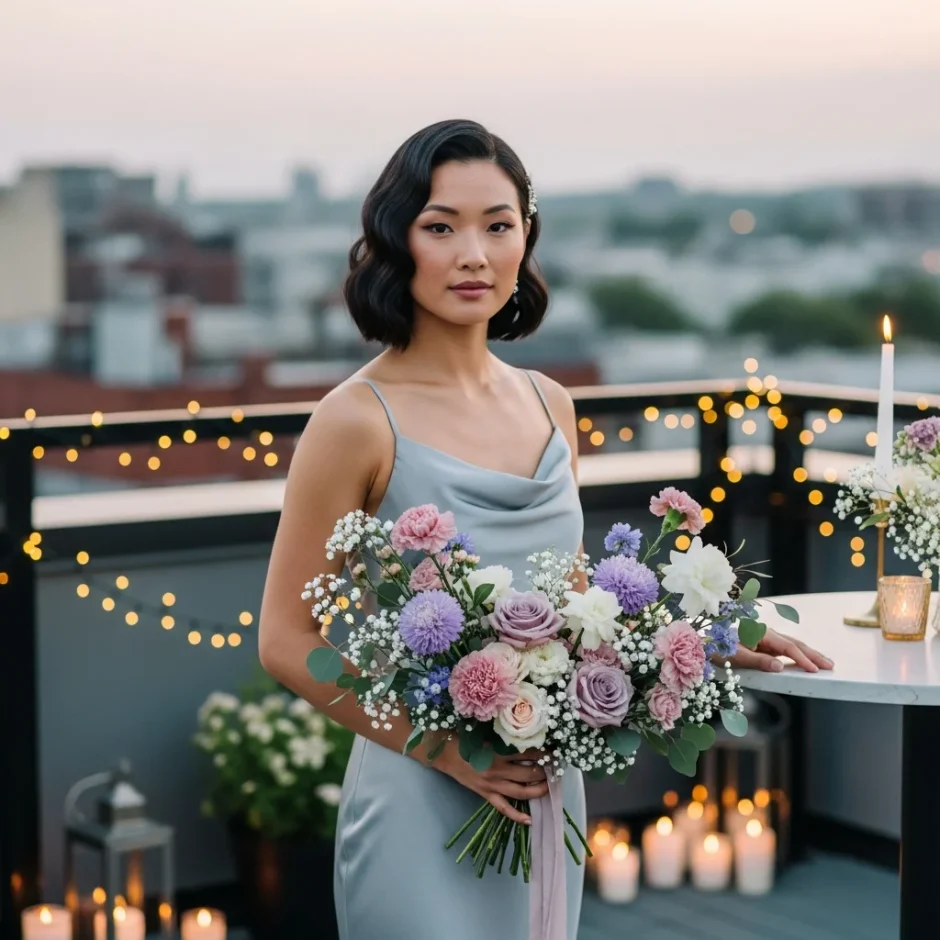 East Asian bride holding lavender and white aster bouquet on rooftop terrace with skyline, candles, and elegant wedding décor.