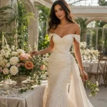 Drop-dead gorgeous bride in champagne ivory wedding gown beside DIY floral centerpiece with ivory roses, blush flowers, carnations, lisianthus, and eucalyptus in a sunlit glass conservatory.