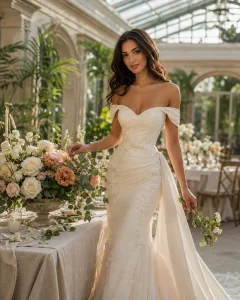 Drop-dead gorgeous bride in champagne ivory wedding gown beside DIY floral centerpiece with ivory roses, blush flowers, carnations, lisianthus, and eucalyptus in a sunlit glass conservatory.