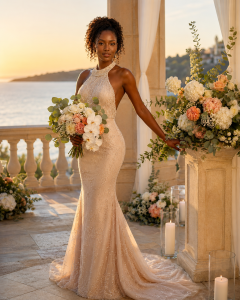 Elegant Black bride in pearl blush halter wedding gown holding summer bouquet with orchids, roses, carnations, baby’s breath, and eucalyptus on coastal terrace.