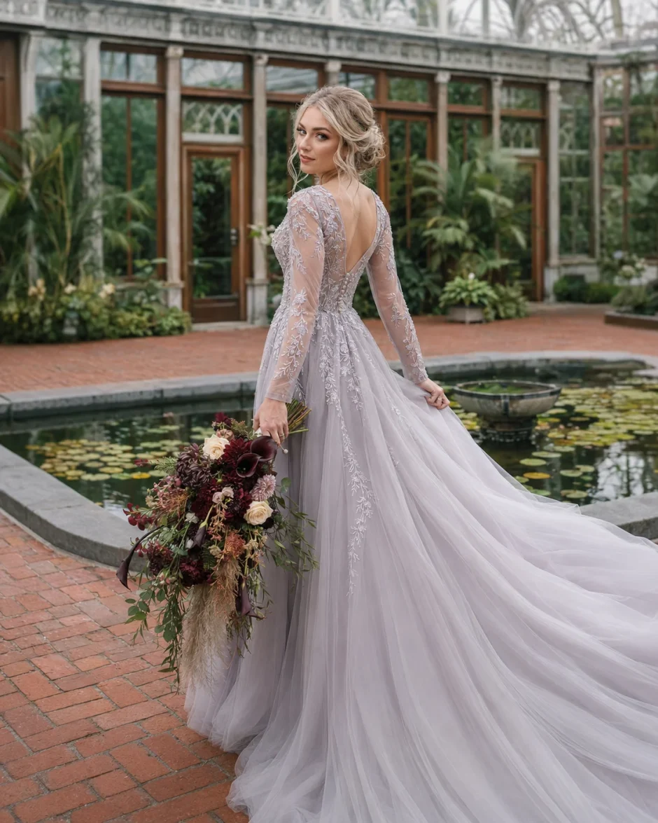Baltic bride with burgundy wedding flowers at Tower Hill Botanic Garden conservatory.