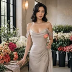 East Asian bride in dove-silver gown holding coral rose in floral studio with bulk flowers conditioning in buckets behind her.
