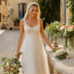 Blonde bride in ivory gown holding budget-friendly DIY wedding bouquet with roses, carnations, baby’s breath, chrysanthemums, and eucalyptus.