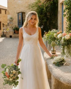 Blonde bride in ivory gown holding budget-friendly DIY wedding bouquet with roses, carnations, baby’s breath, chrysanthemums, and eucalyptus.