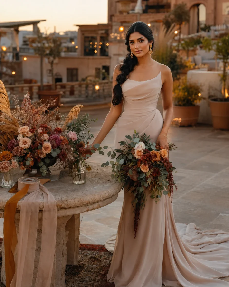 South Asian bride in champagne taupe gown holding fall wedding bouquet with toffee roses, rust blooms, dried accents, eucalyptus, and greenery in a golden-hour courtyard.
