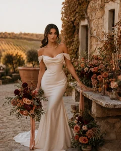 Latina bride in champagne wedding gown holding terracotta, rust, and burgundy fall bouquet at vineyard estate wedding.