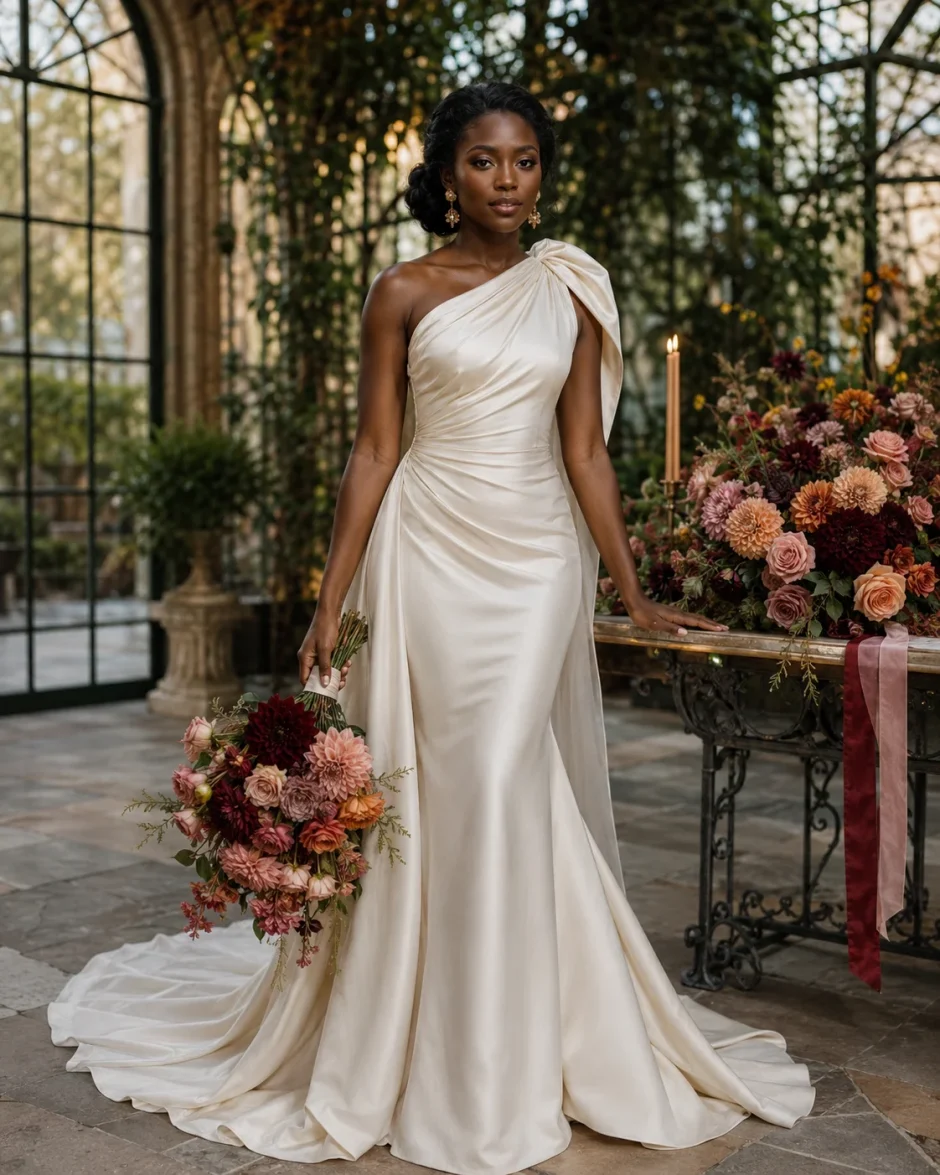 Black bride in pearl ivory gown holding a fall dahlia bouquet with burgundy, blush, terracotta, and peach dahlias in a botanical glasshouse.