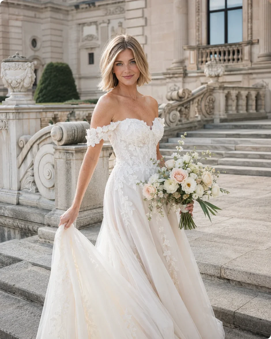 Dutch bride holding a lisianthus and rose bouquet at The Breakers in Newport