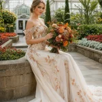 English bride holding a burnt orange wedding bouquet inside Phipps Conservatory