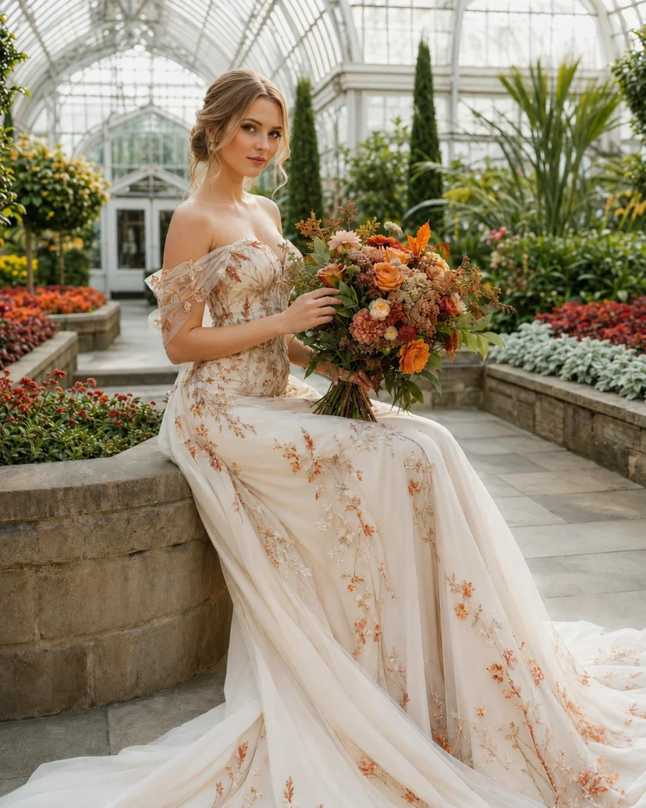 English bride holding a burnt orange wedding bouquet inside Phipps Conservatory