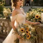 French bride with tousled light brown hair holding a sunflower wedding bouquet at a Skylands Manor-inspired estate, featuring baby’s breath, cream roses, and lush greenery.