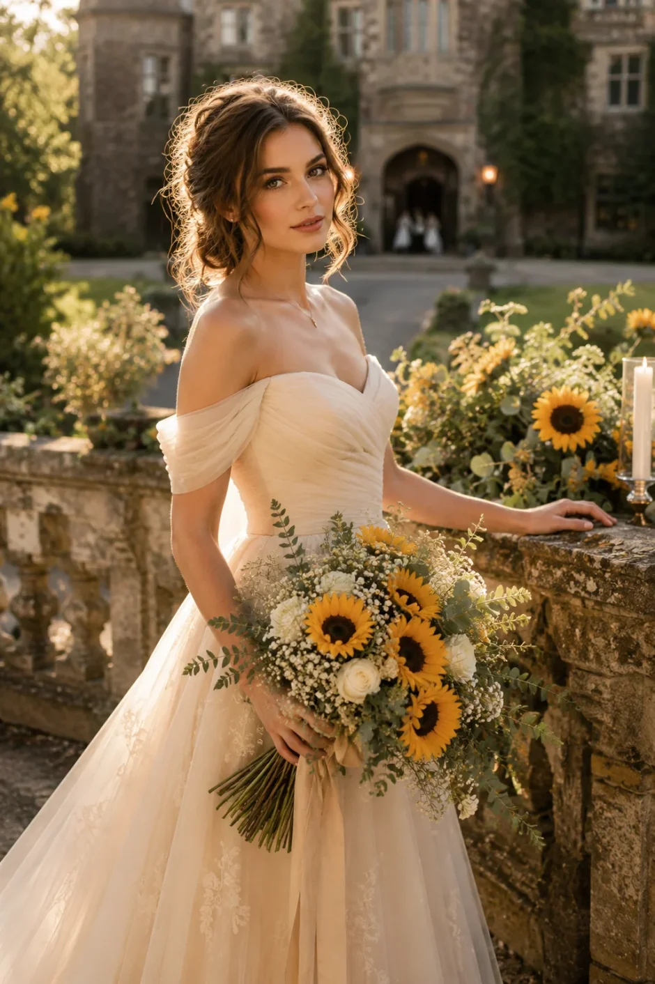 French bride with tousled light brown hair holding a sunflower wedding bouquet at a Skylands Manor-inspired estate, featuring baby’s breath, cream roses, and lush greenery.