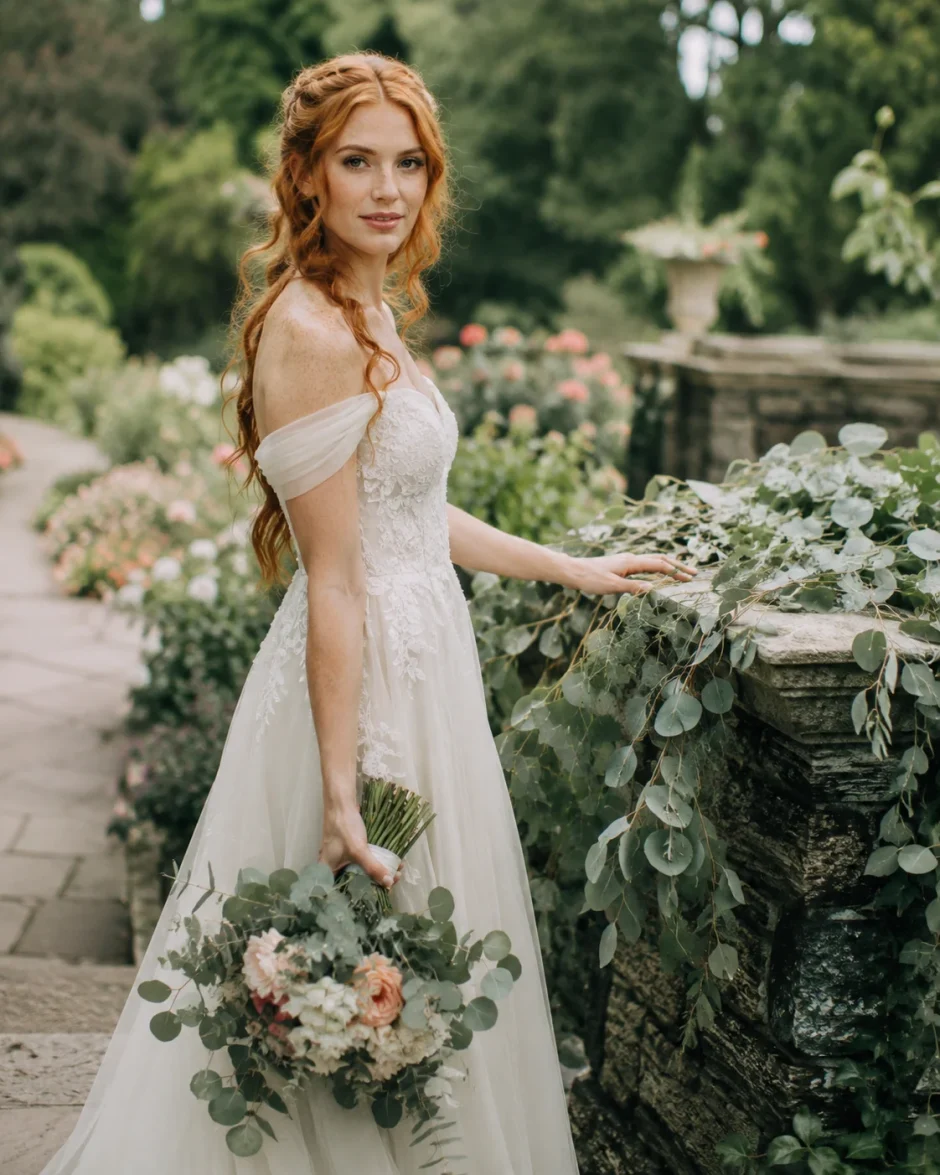 Irish/Celtic bride with copper-red hair holding eucalyptus wedding bouquet in a Morris Arboretum-inspired garden setting.