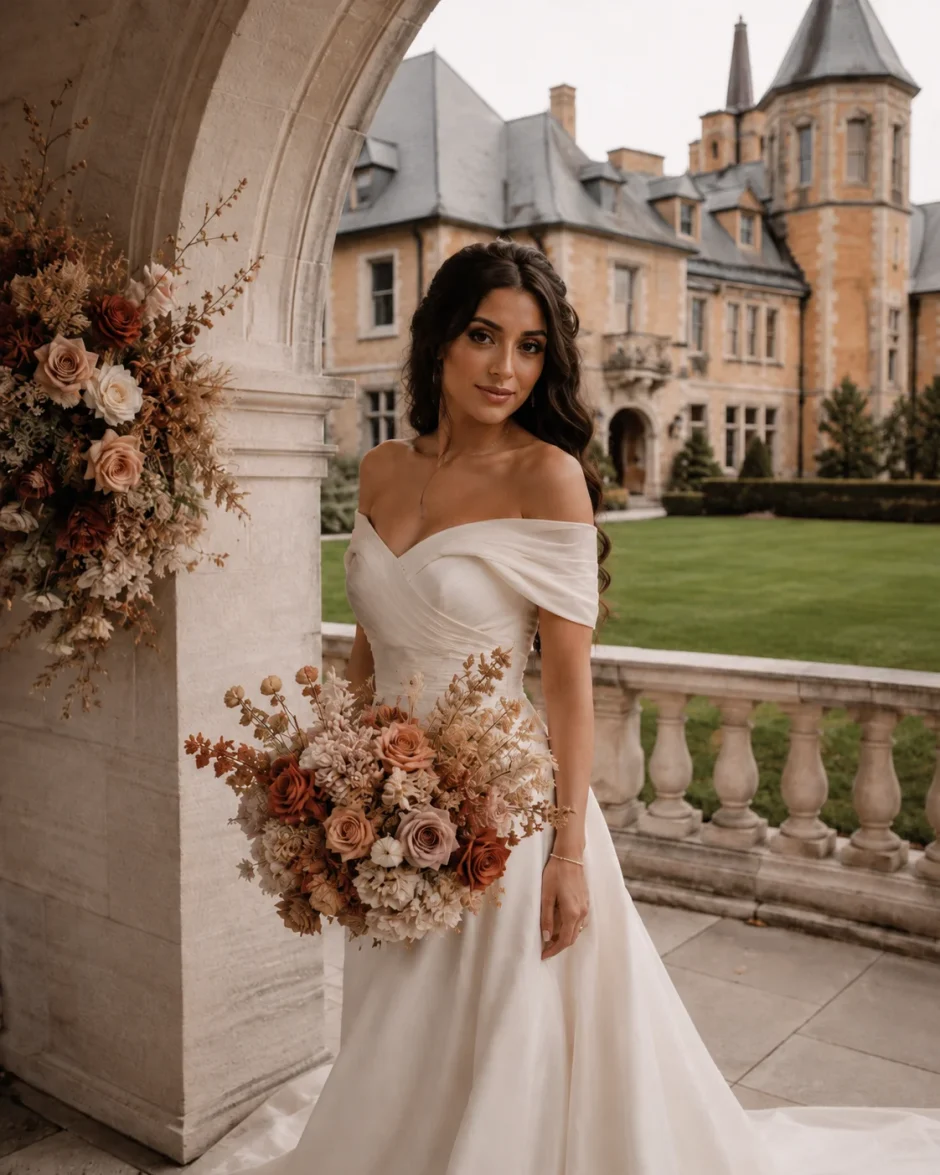 Mediterranean bride in warm ivory gown holding preserved fall wedding bouquet at a Cairnwood Estate-inspired terrace.