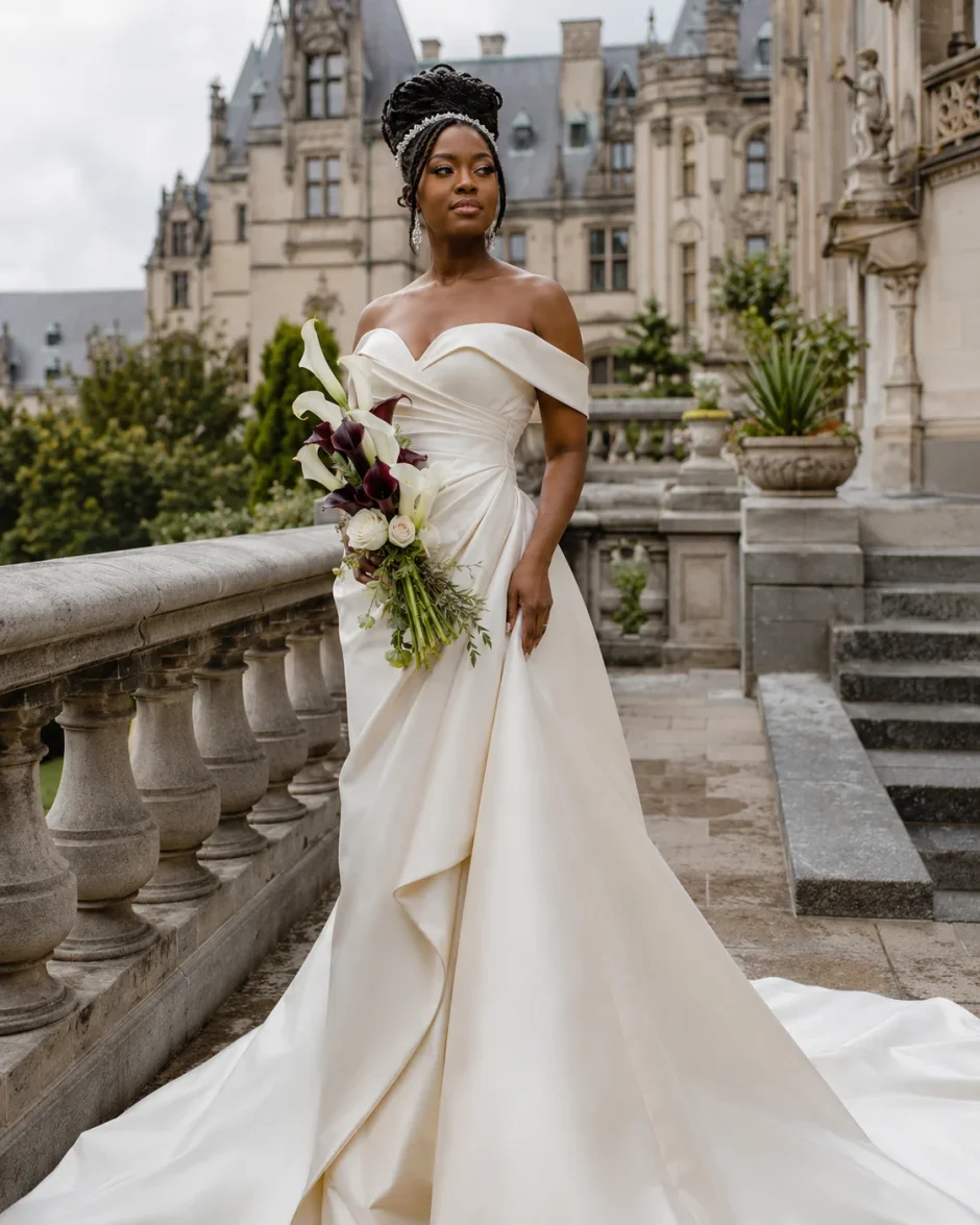 West African bride in a champagne gown holding white and burgundy calla lilies on a grand terrace at Biltmore Estate in Asheville.