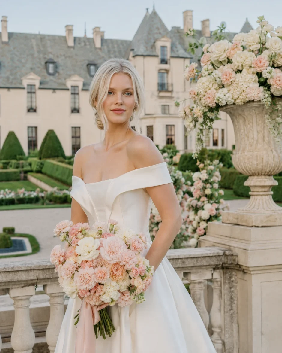 Scandinavian bride in ivory gown holding blush, peach, and ivory carnation bouquet at an Oheka Castle-inspired garden terrace wedding.