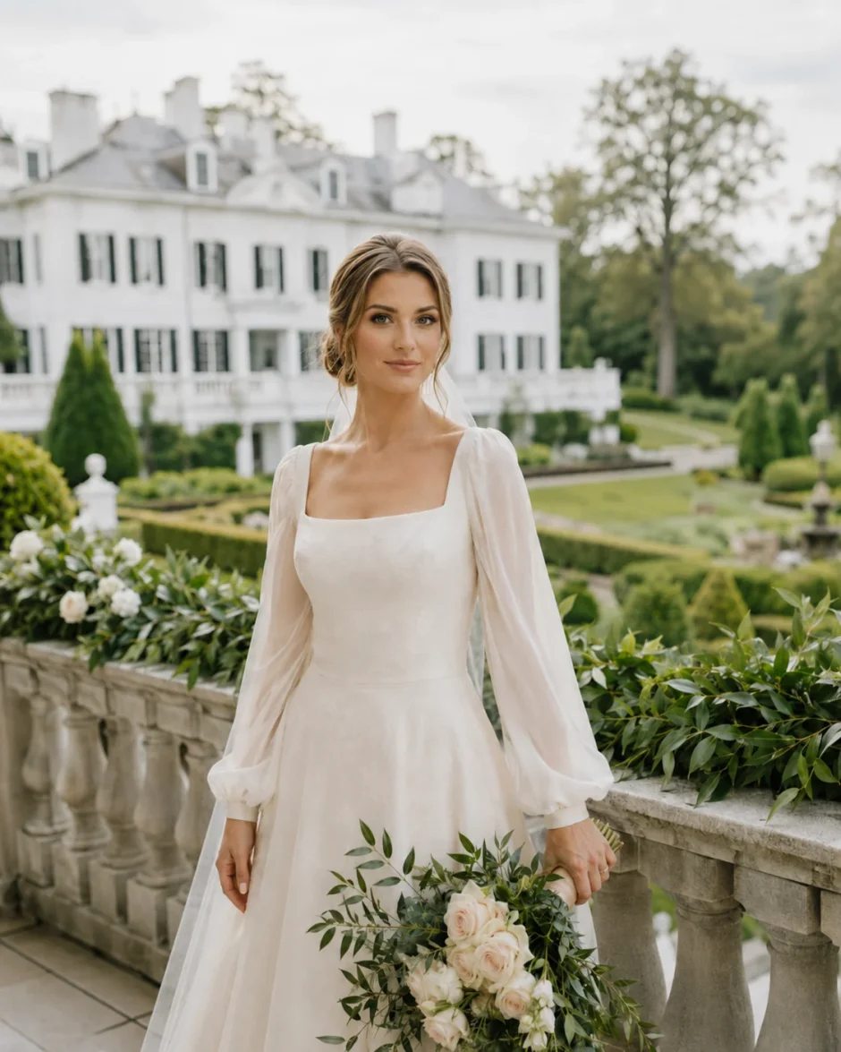 Slavic bride in ivory gown holding Italian ruscus greenery bouquet at The Mount-inspired estate garden terrace wedding.