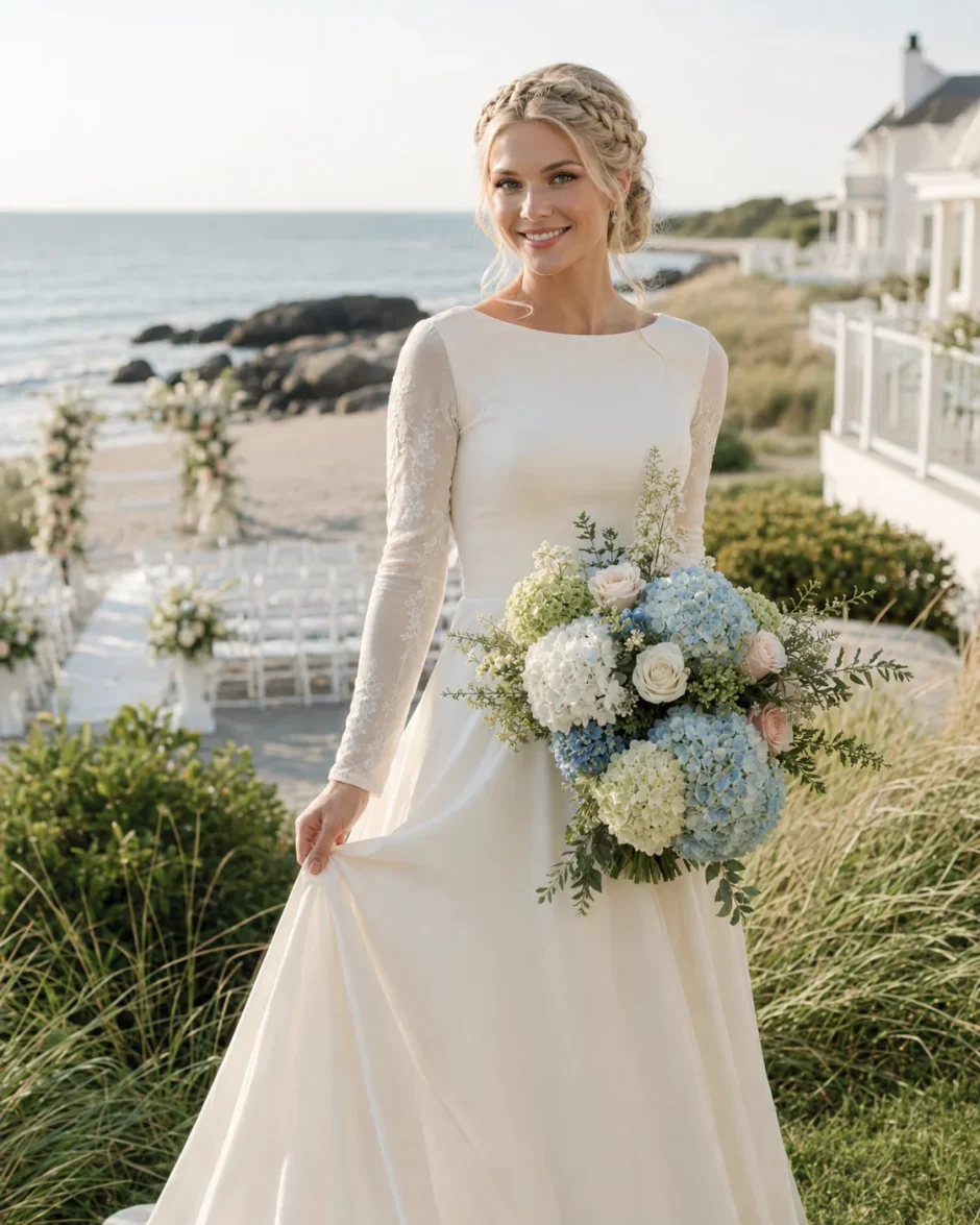 Smiling Alpine bride with braided honey-blonde hair holding a white, pale blue, and soft green hydrangea wedding bouquet at an Inn by the Sea-inspired coastal venue.