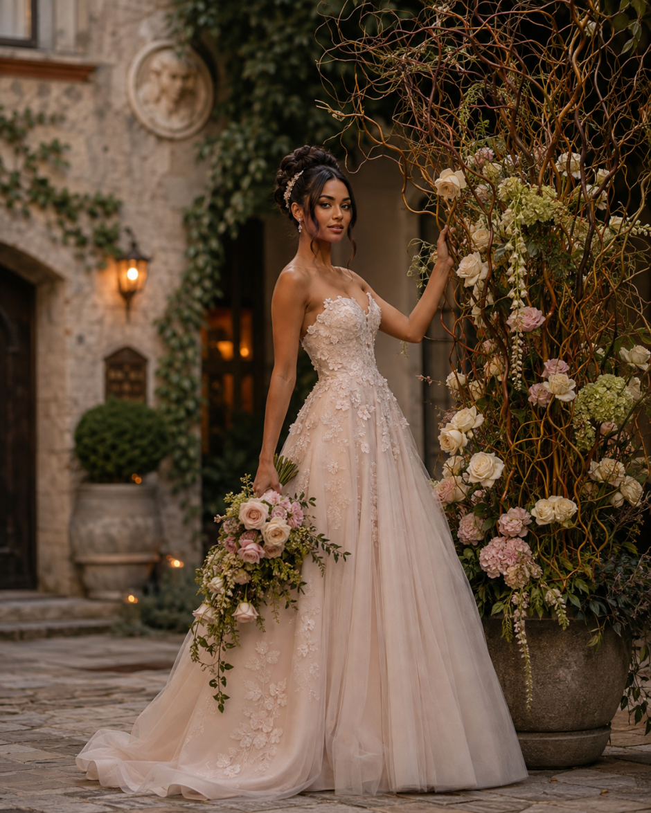 Bride in blush wedding gown beside a curly willow floral installation in a European-style courtyard