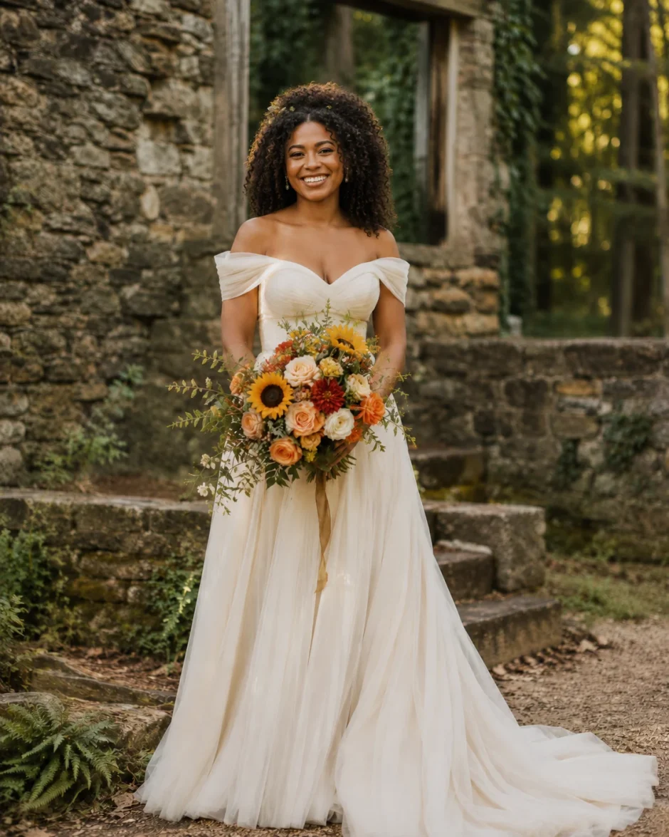 Afro-Caribbean bride holding a late-summer wedding bouquet with sunflowers, peach roses, dahlias, zinnias, and greenery beside historic stone ruins.
