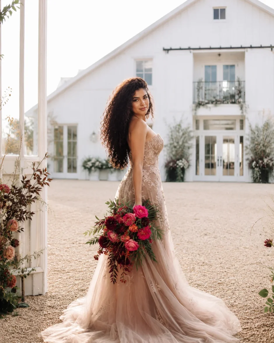 Colombian bride holding Attache hot pink roses with burgundy fall flowers and greenery outside Ivy Rose Barn.