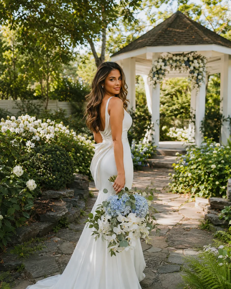 Blue hydrangea and white dendrobium orchid bridal bouquet with soft greenery at an elegant garden wedding.
