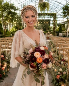 Bride holding a fall ranunculus bouquet in burgundy, peach, orange, blush and white inside Planterra Conservatory.