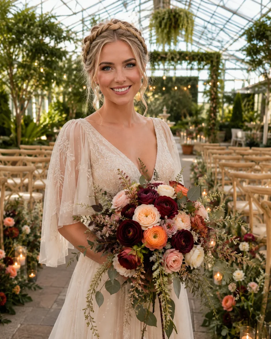 Bride holding a fall ranunculus bouquet in burgundy, peach, orange, blush and white inside Planterra Conservatory.